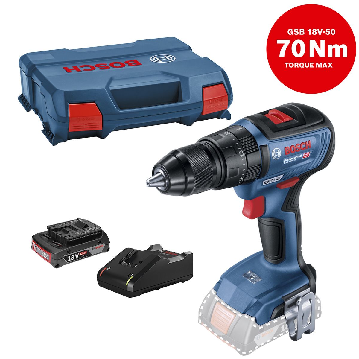 BOSCH - Taladro Atornillador Inalámbrico GSB 18V-50 Bosch + 1 Batería + 1 Cargador + Maletín Bosch