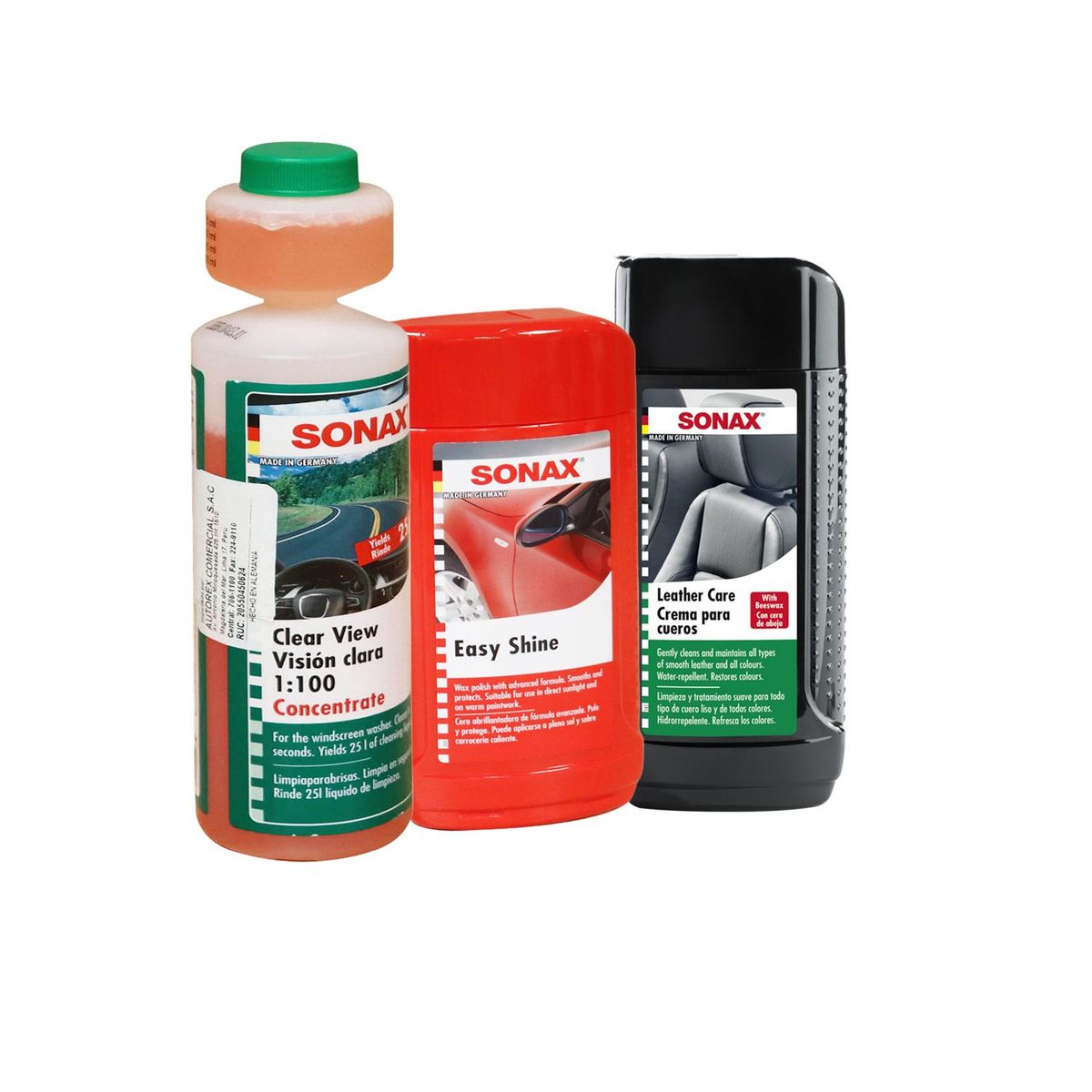 SONAX - Kit Sonax Cera Easy Shine + Crema de cueros + Visión Clara