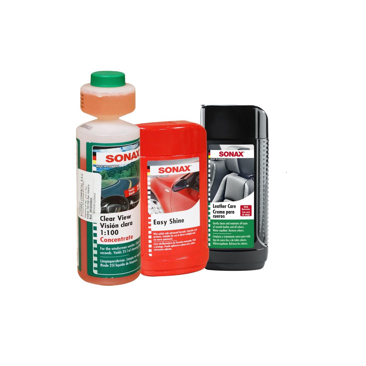 SONAX - Kit Sonax Cera Easy Shine + Crema de cueros + Visión Clara