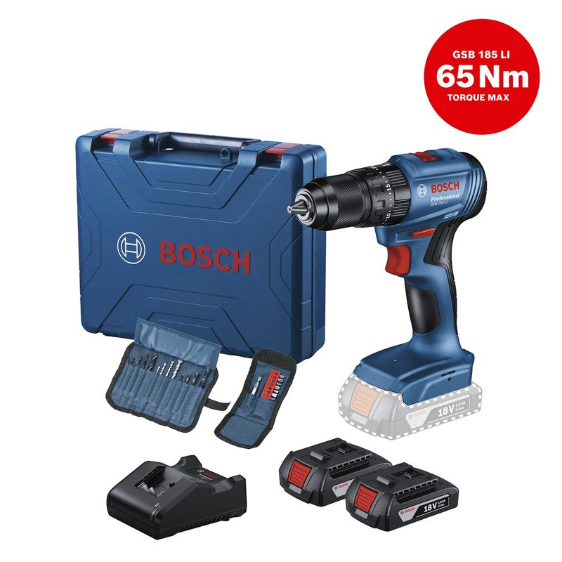 BOSCH - Taladro 18V Bosch GSB185-LI + 2 Baterías + 23 Accesorios 