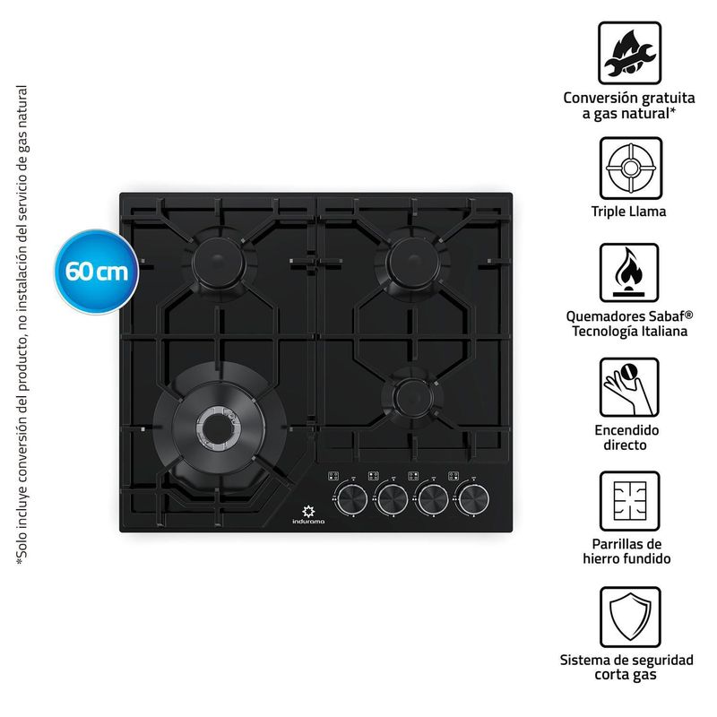 INDURAMA - Cocina empotrable Gas Indurama EGASI-604CGNE X4 Quemadores