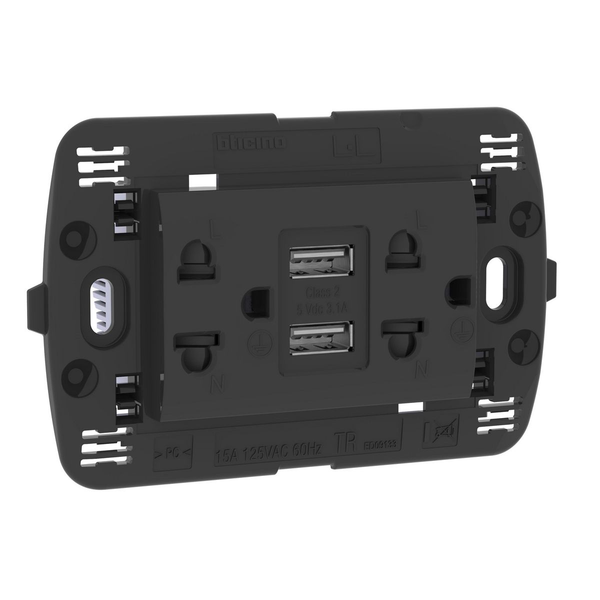 GENERICO - Tomacorriente Bticino Doble universal + 2 Usb Negro