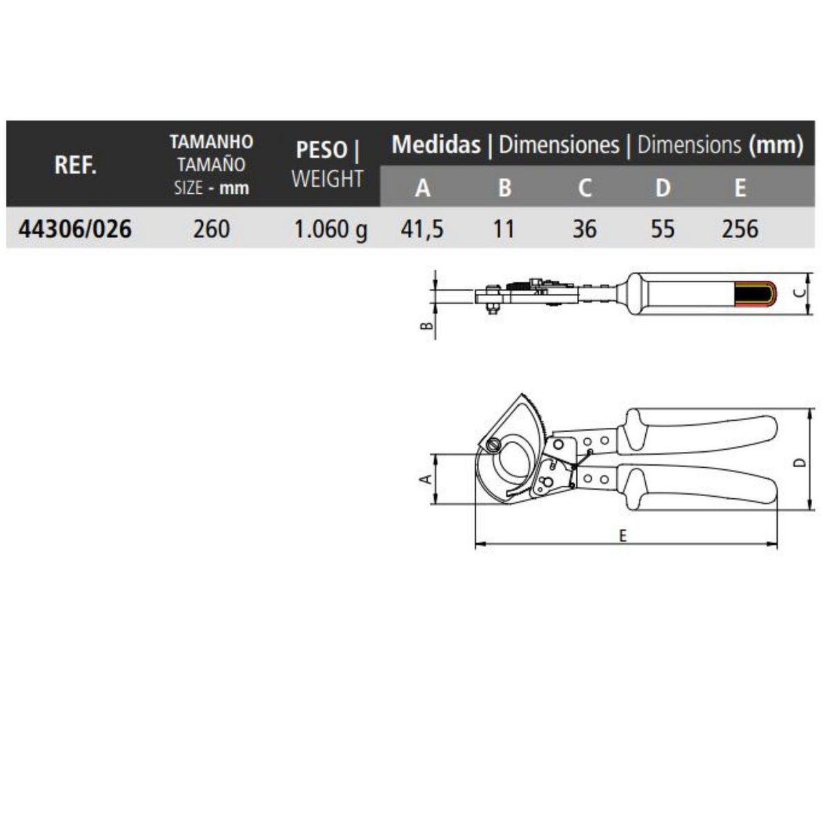 TRAMONTINA - Pinza Corta Cables 26cm Doble Aislamiento 1000V-IEC60900 Tramontina