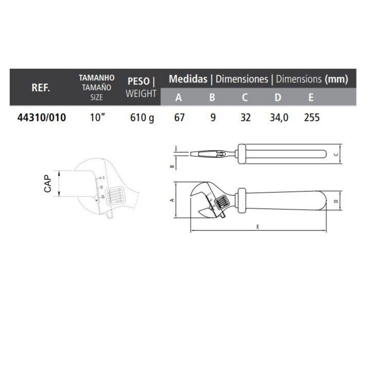 TRAMONTINA - Llave Francesa Tramontina 10" 1000V