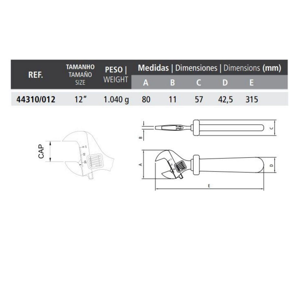 TRAMONTINA - Llave Francesa Tramontina 12" 1000V