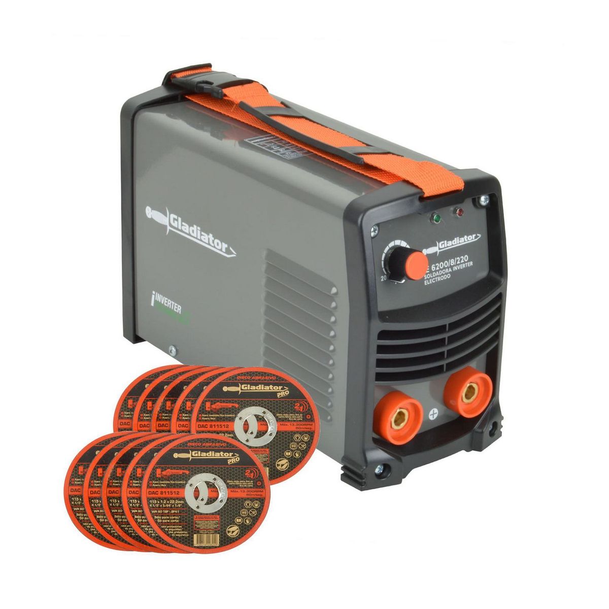 GLADIATOR - Soldadora Eléctrica Inverter 200A MMA con Conectores 3/8 + 1O Discos