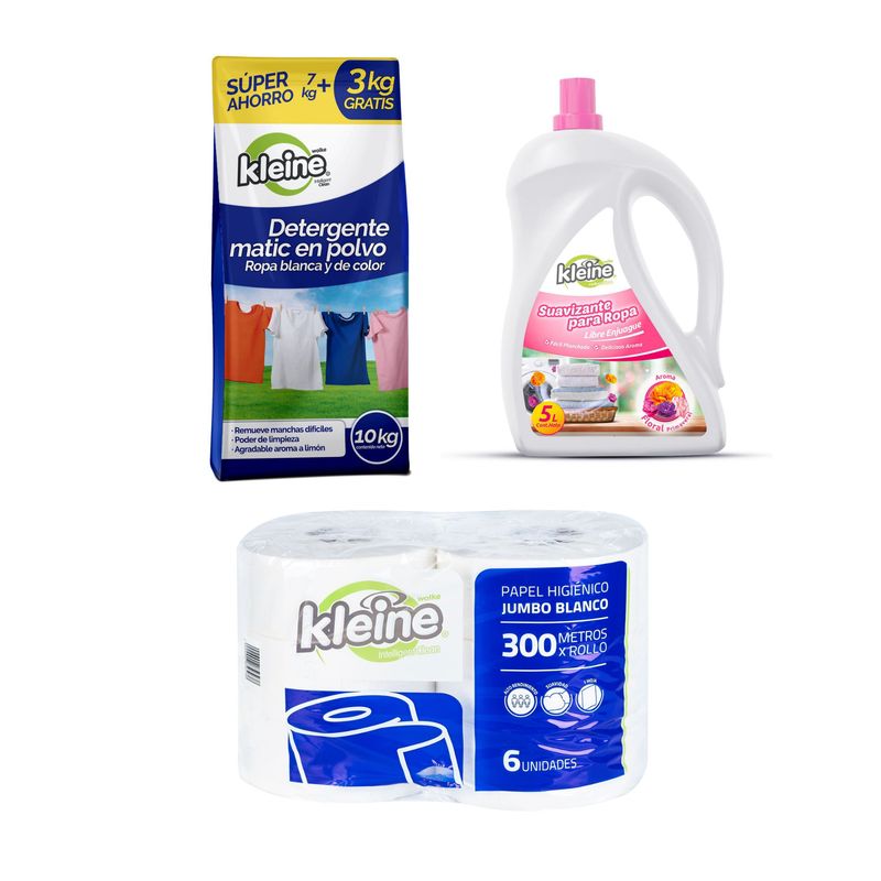 KLEINE WOLKE - Detergente Matic En Polvo Kleine 10Kg + Suavizante Kleine Wolke Floral Primaveral 5 Litros + Papel Higiénico Jumbo Kleine X6 Rollos 300M