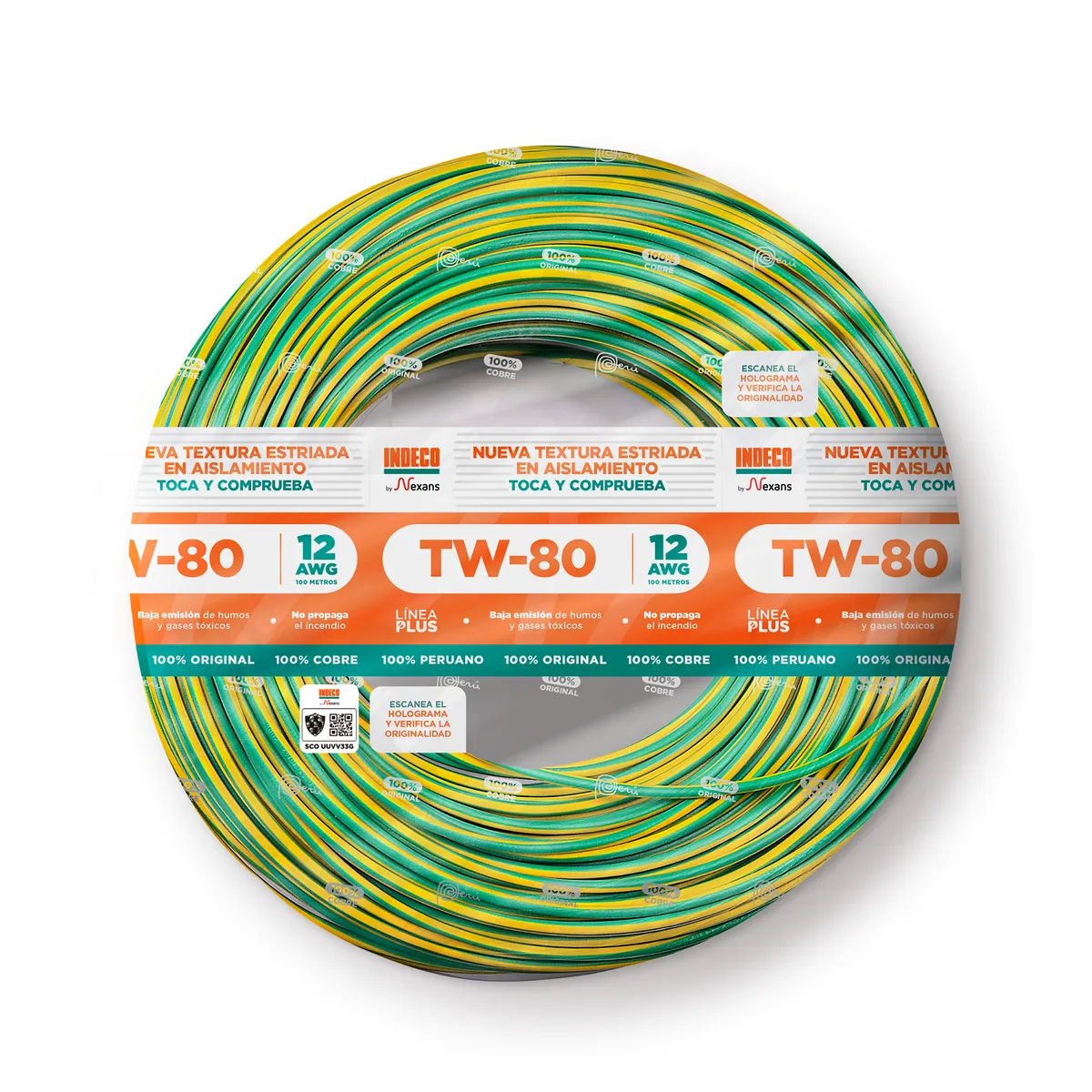 INDECO - Cable TW-80 Plus 12 AWG Indeco 450/750V Amarillo/Verde 100 Metros