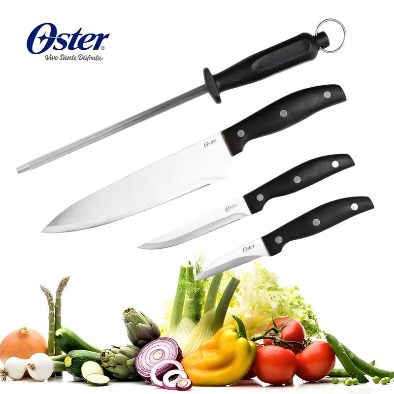 OSTER - Juego Cuchillos 4 Piezas con Afilador Acero Inoxidable Oster Granger
