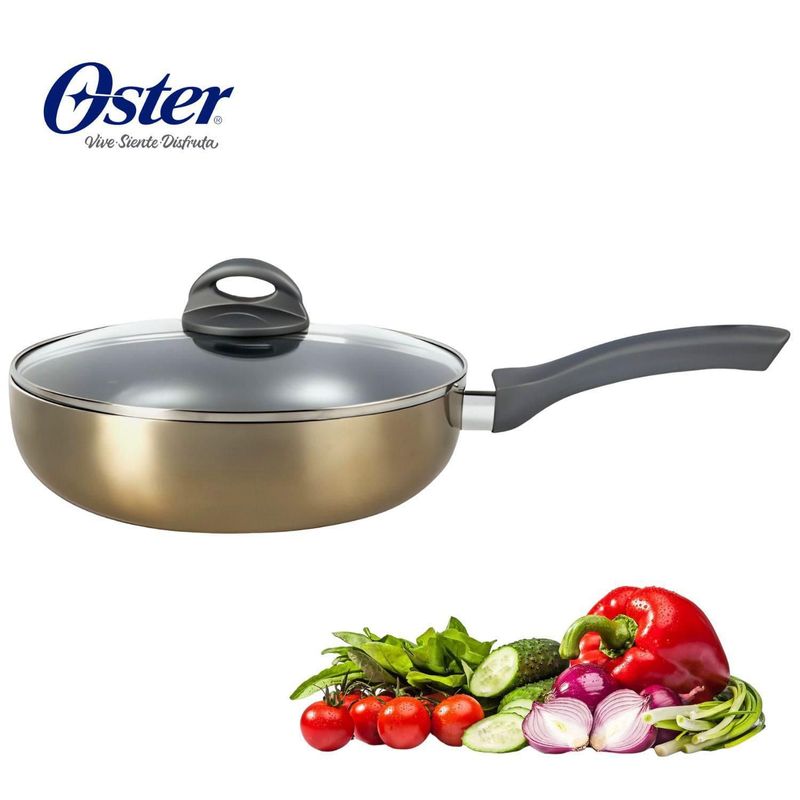 OSTER - Sartén Wok 26cm 3.3L Aluminio con Tapa Herscher Dorado