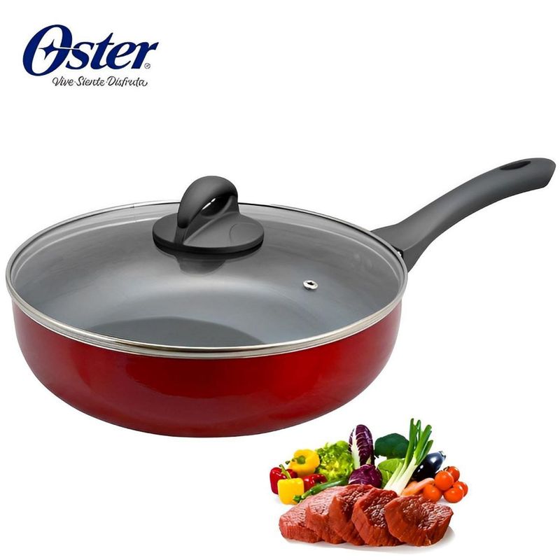 OSTER - Sartén 26 cm 3.3L Aluminio Antiadherente con Tapa Herscher Rojo