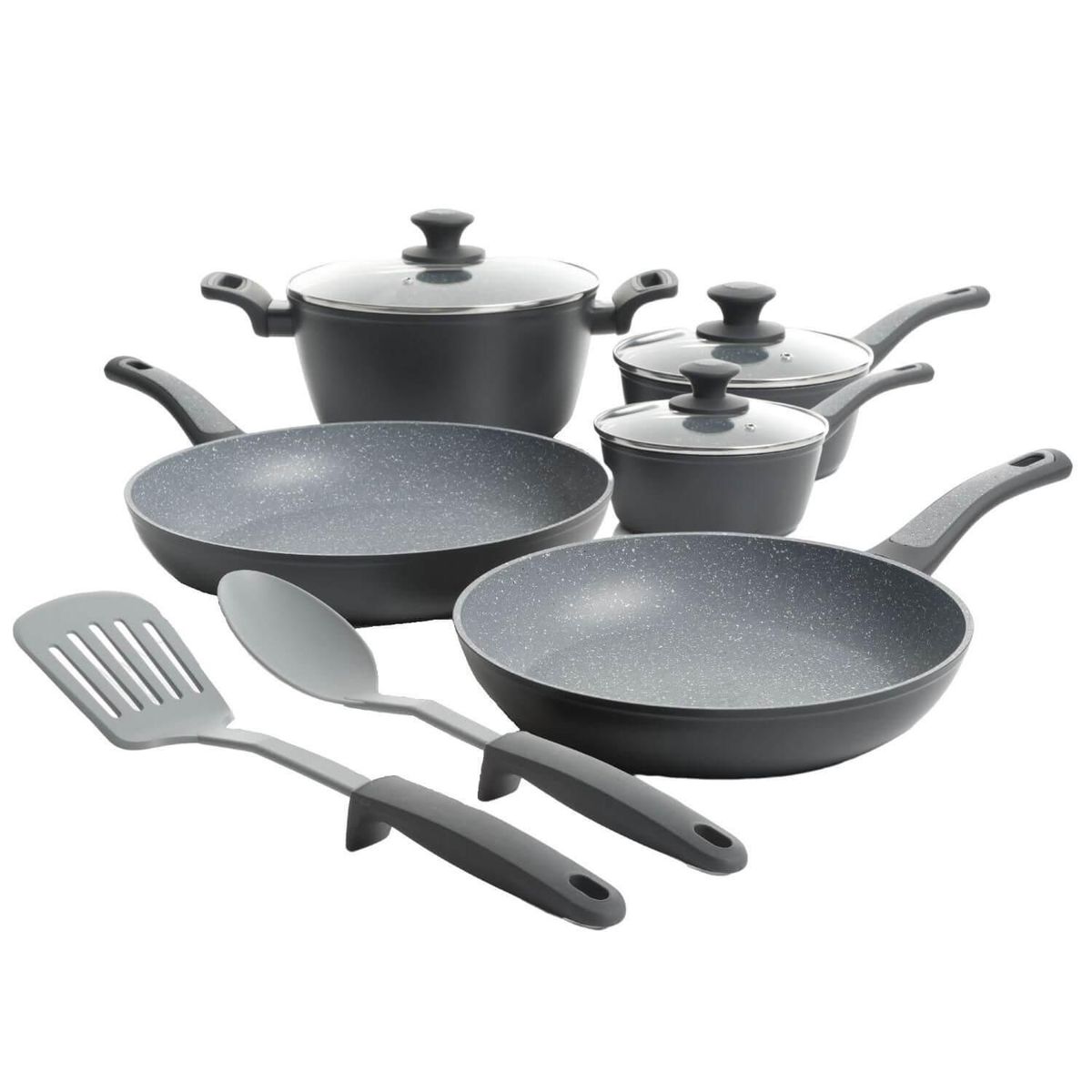 OSTER - Juego de Ollas + Sartenes 10 Piezas Aluminio Forjado Oster Bastone Gris