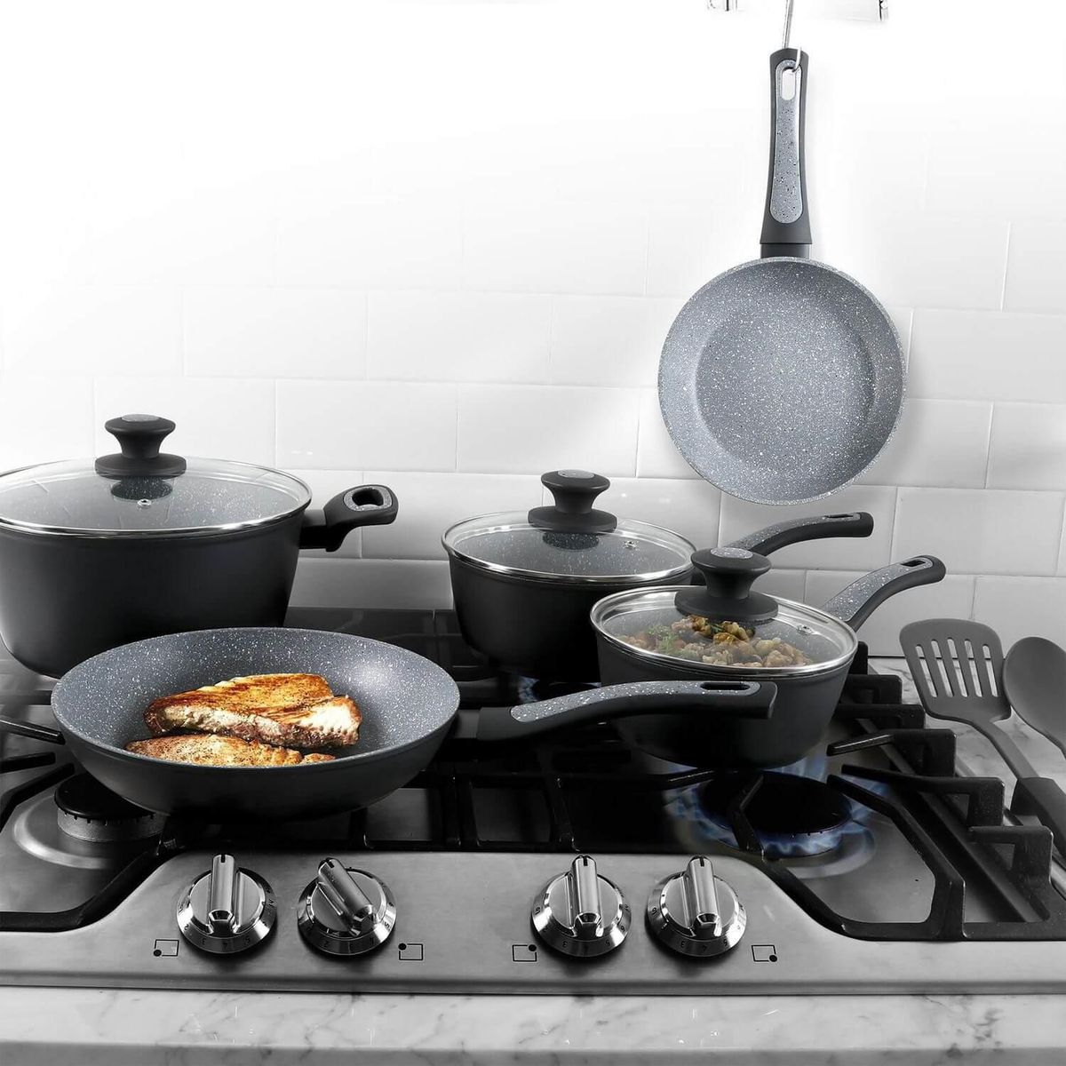 OSTER - Juego de Ollas + Sartenes 10 Piezas Aluminio Forjado Oster Bastone Gris