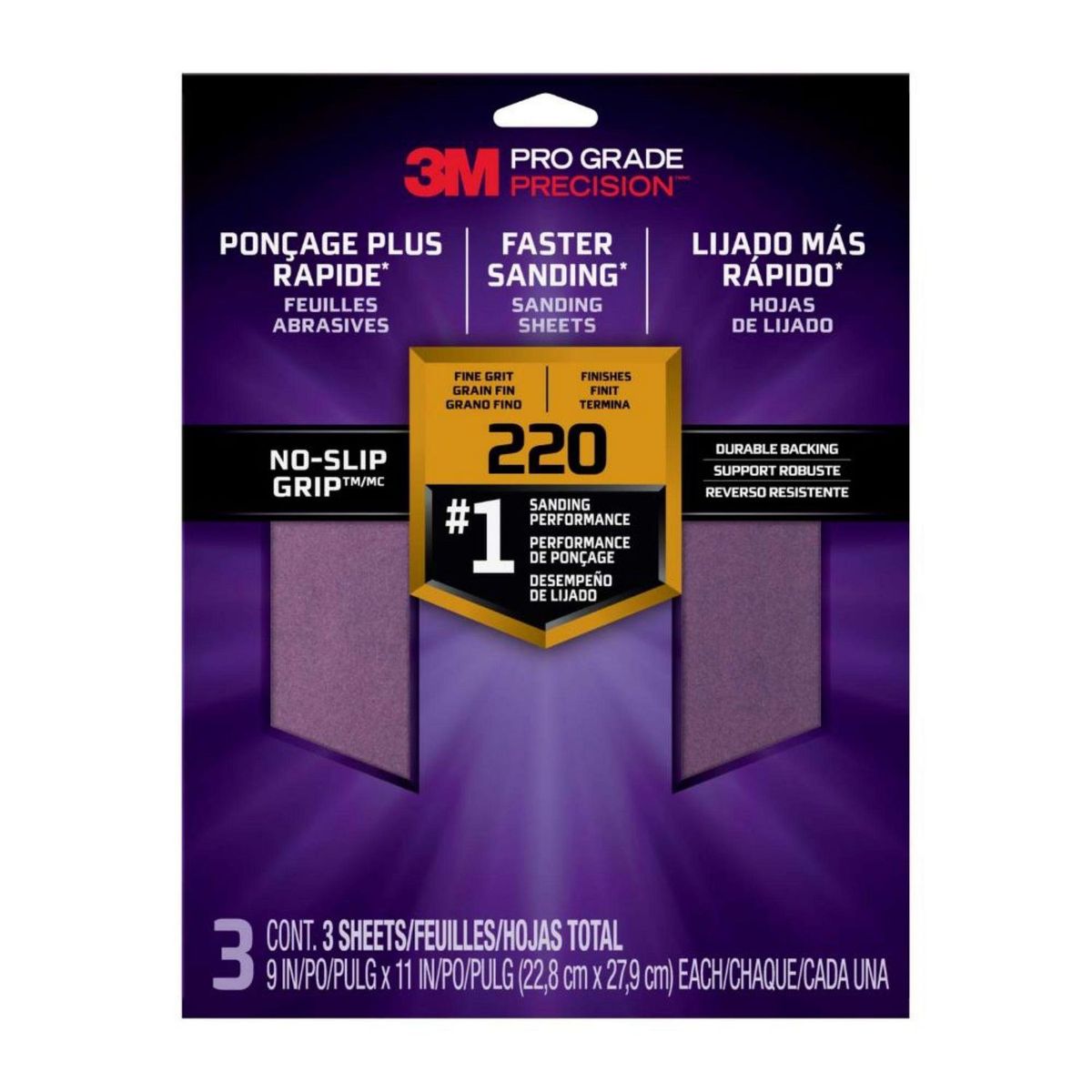 3M - Lija 3M Pro Grade Precisión Grano 220 Lijado Fino Pack x3