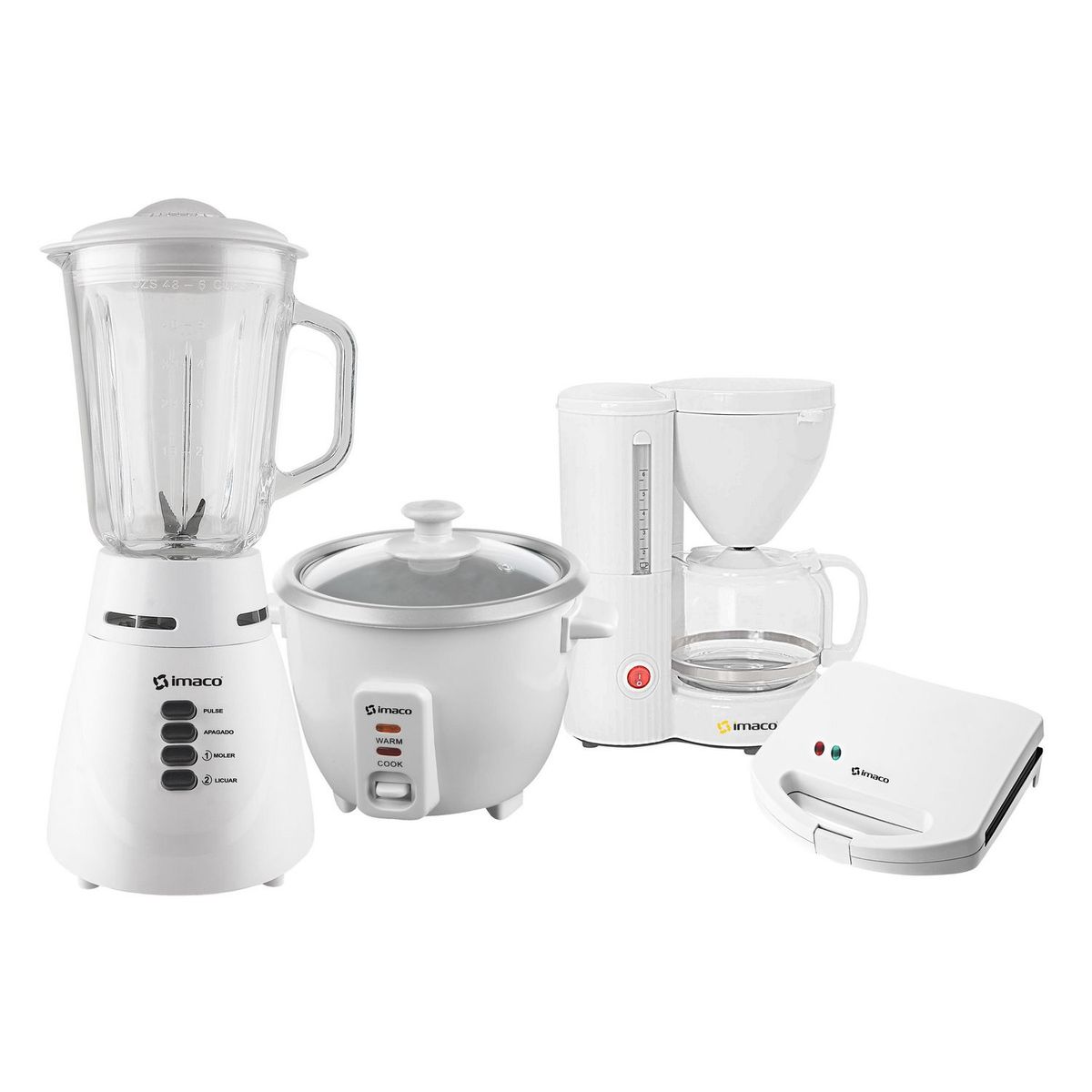 IMACO - Cuatricombo Licuadora BLS4125V + Cafetera CM608 + Sandwichera IST101 + Olla Arrocera RC006