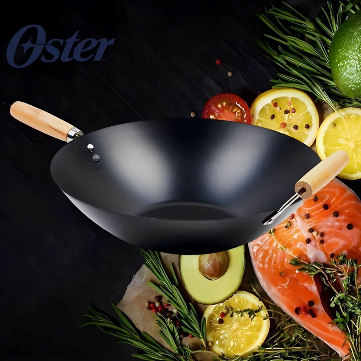 OSTER - Sartén Wok Acero Vitrificado Findley 34cm Negro