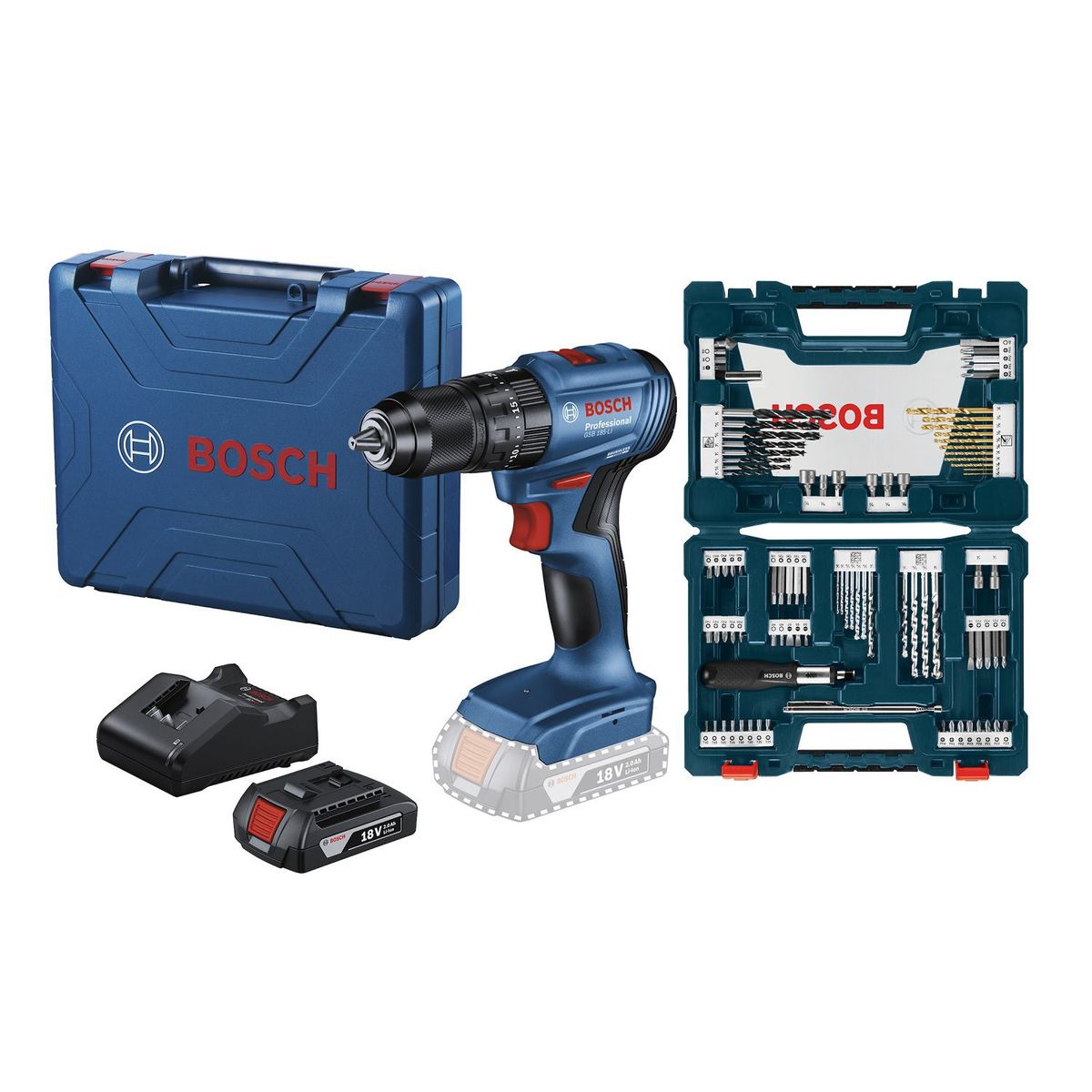 BOSCH - Taladro percutor 18V GSB185+1 Kit 18V Cargador y Batería GBA2.0Ah +Maletín de plástico+Set de 91 pcs