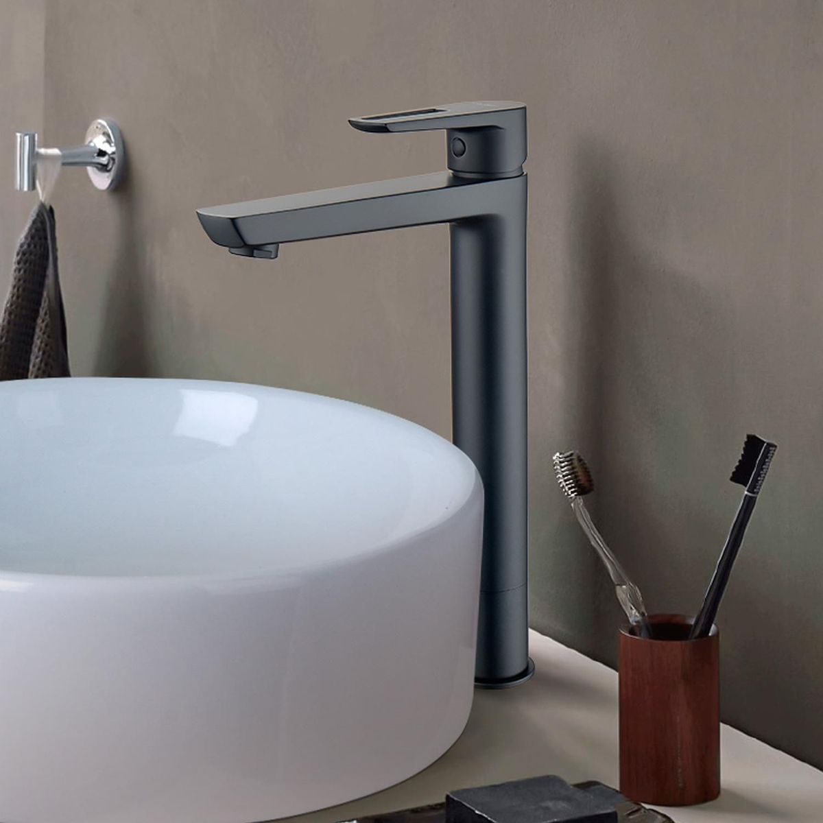 GENERICO - Llave de Lavatorio Mezcladora Monocomando Pico Alto Tempra Negro Mate