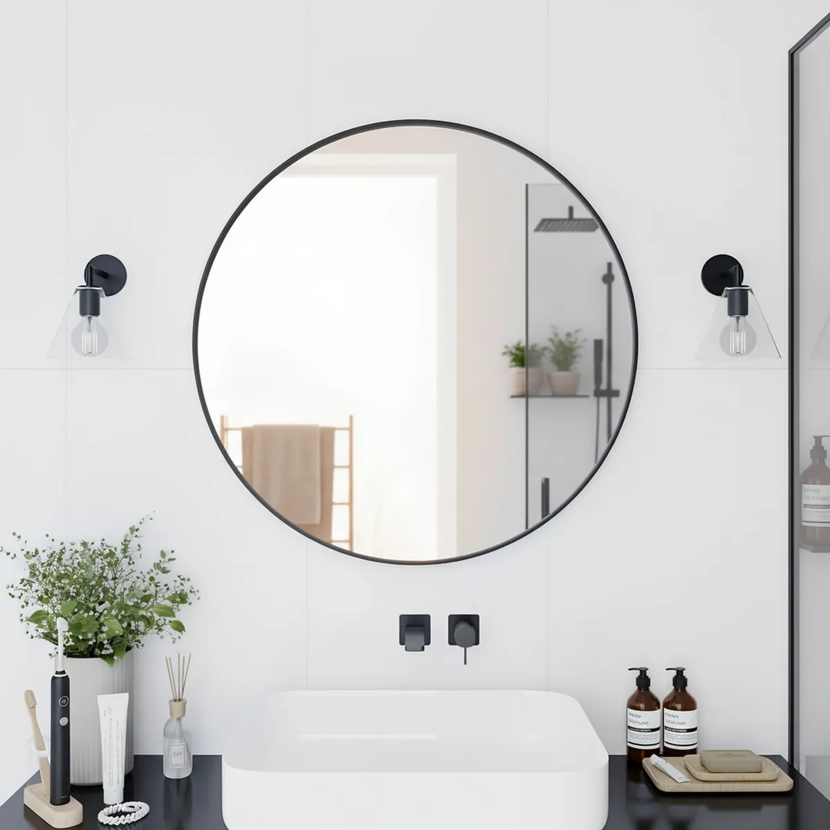 AMERICAN FURNITURE - Espejo de Baño Circular con Marco Negro 60cm