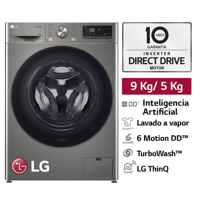 LG - Lavaseca de 9Kg de Lavado y 5Kg de Secado, AI DD? y ThinQ WD9PVC4S6