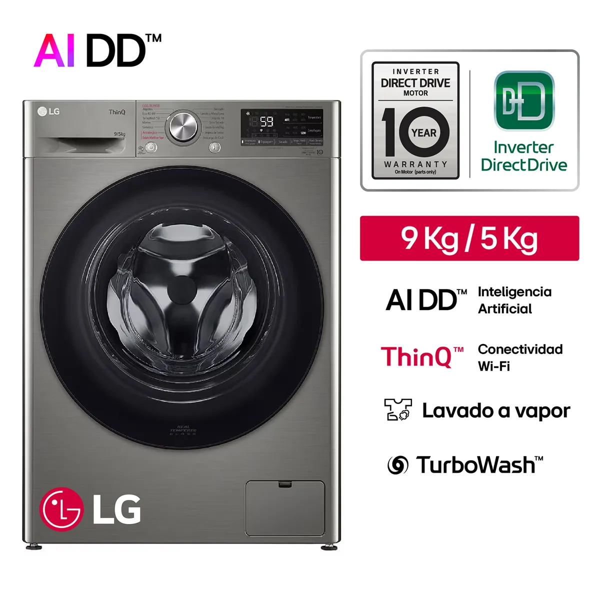 LG - Lavaseca WD9PVC4S6 9/5 KG AI DD Carga Frontal Gris LG