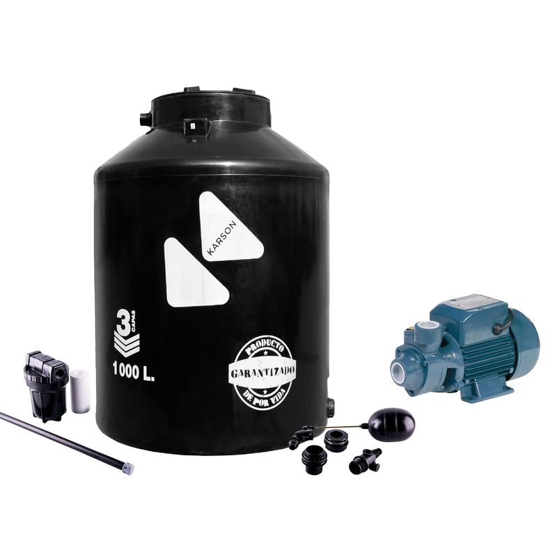  - Tanque de Agua 1000L Negro + Accesorios + Bomba de Agua Periferica 0.5 HP 32L/min