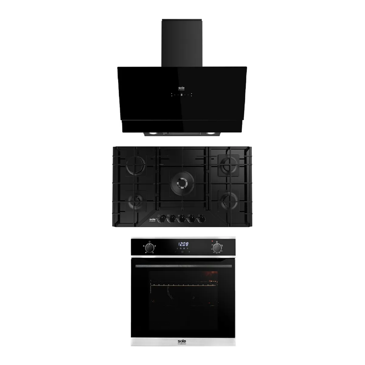 SOLE - Combo Encimera Empotrable 5 Hornillas SOLCO067 + Campana Decorativa Signature + Horno Empotrable A Gas SOLHO018 S-Collection Negro