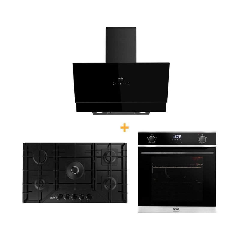 SOLE - Combo Sole Encimera a Gas SOLCO067 + Campana Decorativa 90cm TURE81COV2 + Horno a Gas 70 Lt SOLHO018