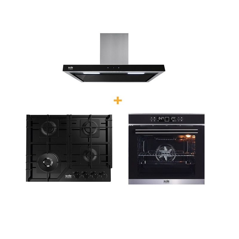  - Combo Sole Encimera a Gas 58cm SOLCO066 + Campana Decorativa 90cm TURE90CO + Horno 75 Lt SOLHO019