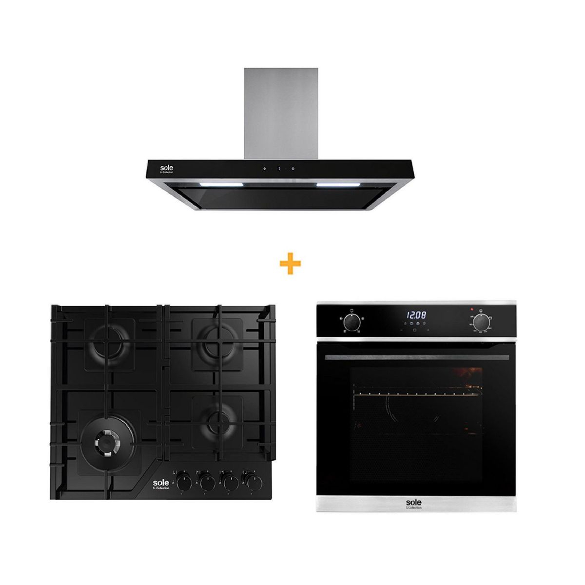 SOLE - Combo Sole Encimera a Gas 58cm SOLCO066 + Campana Decorativa 90cm TURE90CO + Horno a Gas 70 Lt SOLHO018