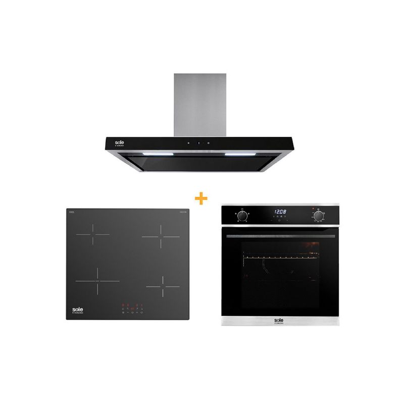 SOLE - Combo Sole Encimera de Inducción 60cm SOLCO050 + Campana Decorativa 90cm TURE90CO + Horno a Gas 70 Lt SOLHO018
