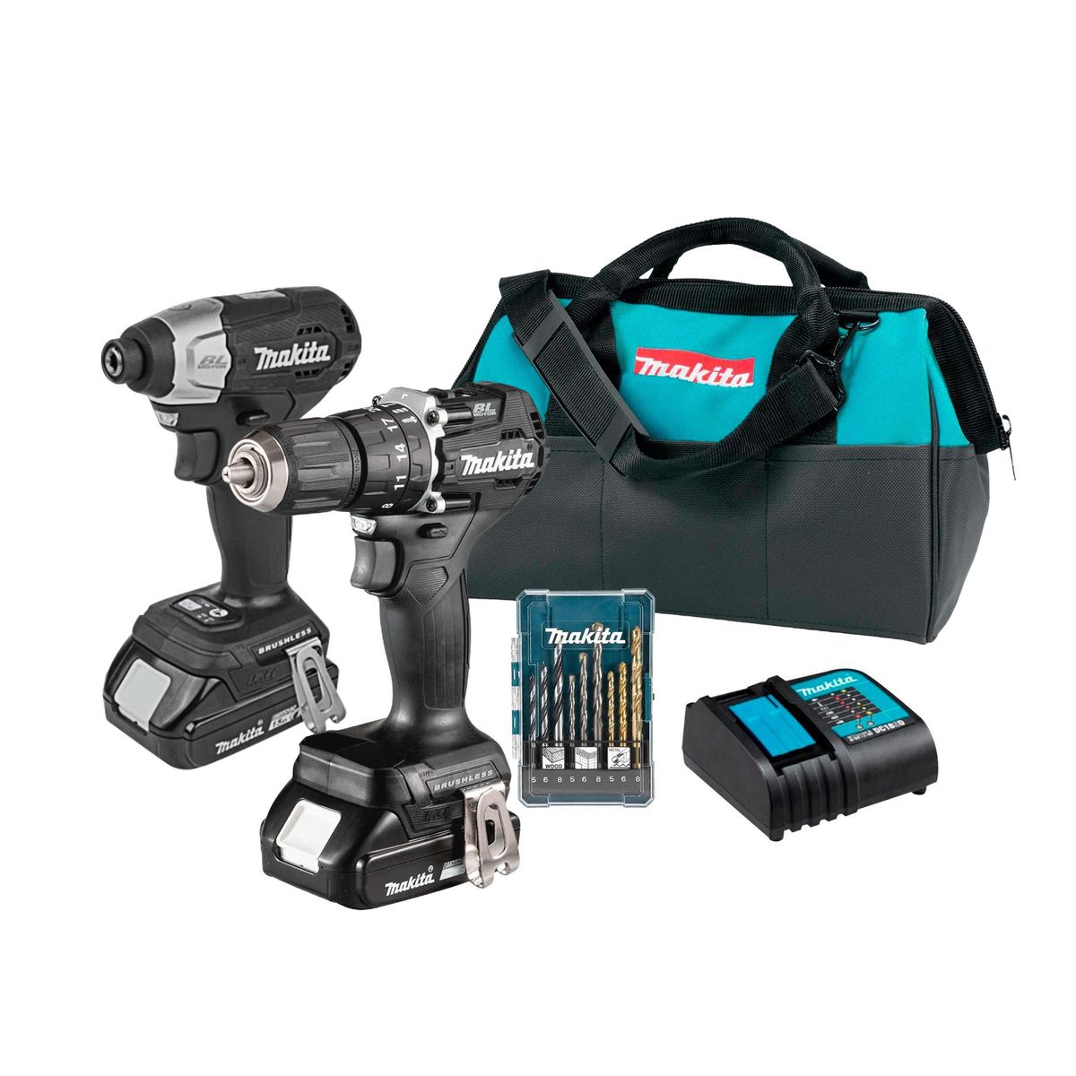 MAKITA - Taladro Inalámbrico Makita 1/2" 18V BL DHP487 + Atornillador de Impacto Makita BL DTD157 + Set de Brocas 9 Piezas + Cargador + 2 Baterías + Bolso Makita