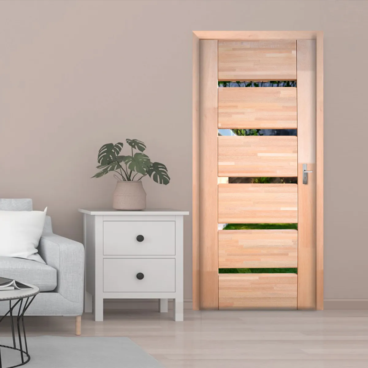 DIMFER - Combo Puerta Prinicipal Madera Nativa Vidriada Salamanca (Marco + Bisagras)