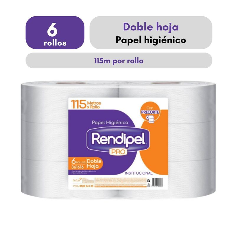 RENDIPEL PRO - Papel Higiénico Doble Hoja Rendipel Pro X6 Rollos 115M