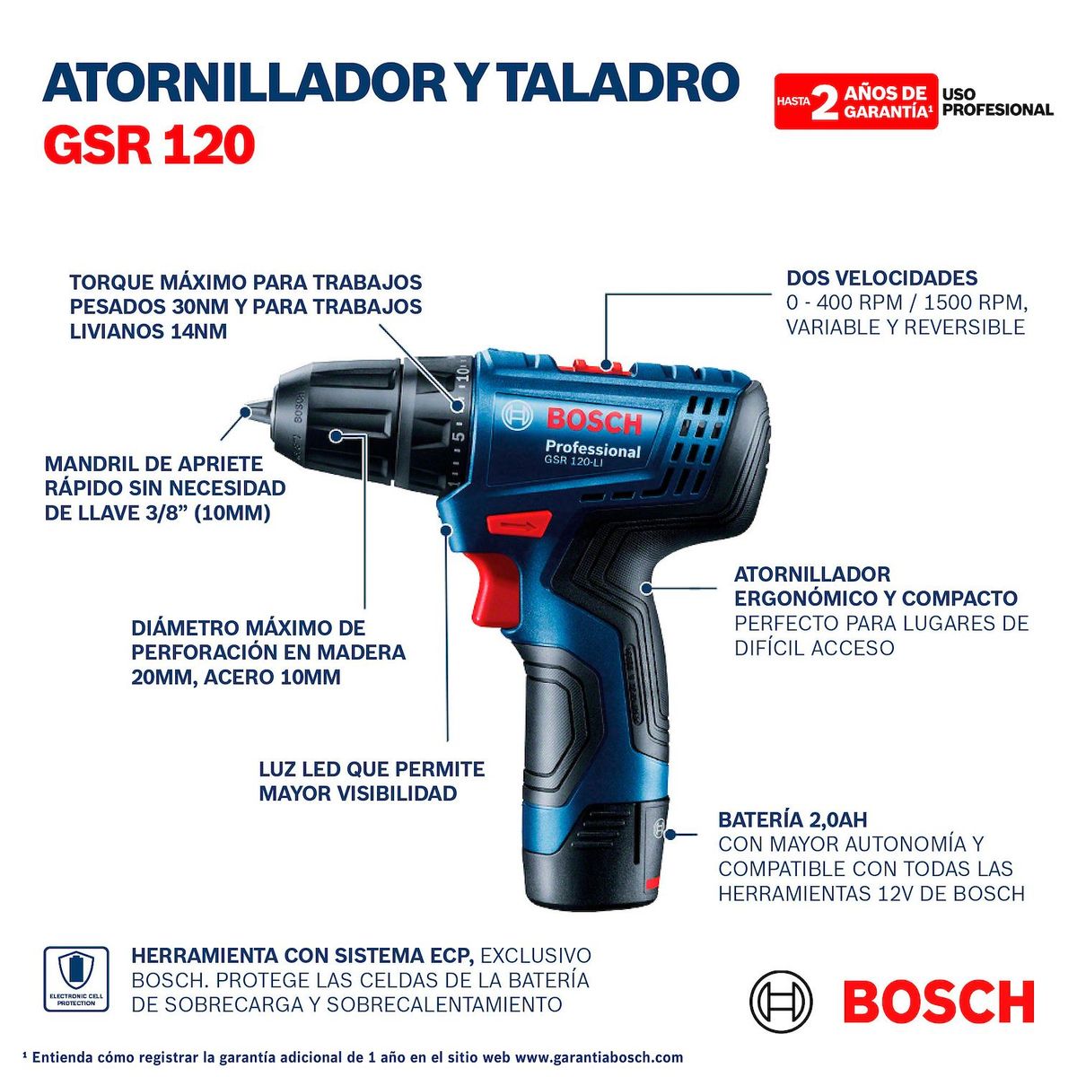 BOSCH - Taladro Atrornillador Inalámbrico Bosch 12V GSR 120-LI + Batería + Cargador Bosch