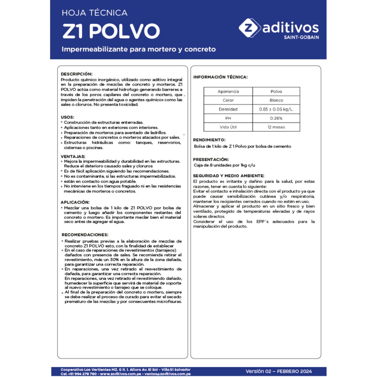  - Impermeabilizante Integral para Concreto y Mortero Z 1 Polvo x Kg