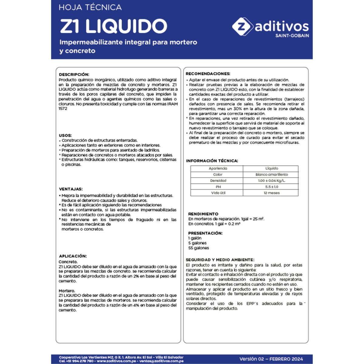  - Impermeabilizantes para Concreto y Mortero Z 1 Líquido x Gl
