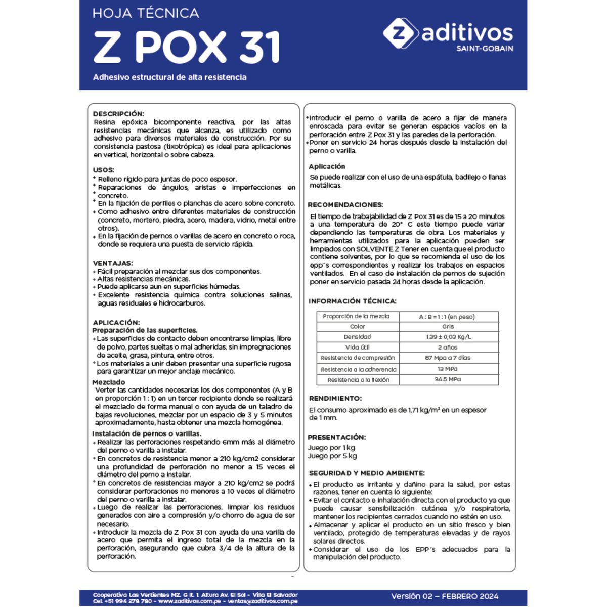  - Adhesivo para Anclaje y Reparaciones Z Pox 31 x 5 kg