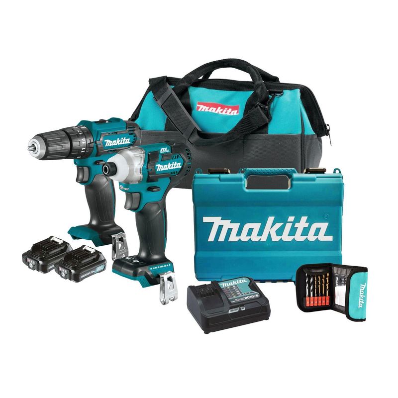 MAKITA - Taladro Percutor  Makita 3/8" 12V + Atornillador de Impacto  Makita 1/4" 12V BL-CXT + 2 Baterías 2Ah + Cargador + Set 17 Piezas + Maletín Makita