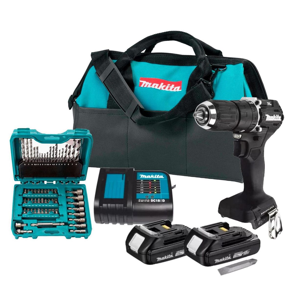MAKITA - Taladro Percutor Makita 1/2" 18V + 2 Baterías 1.5Ah + Cargador + Set de Brocas y Puntas 60 Piezas + Maletín Makita