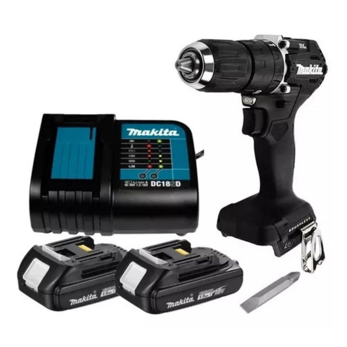 MAKITA - Taladro Percutor Makita 1/2" 18V + 2 Baterías 1.5Ah + Cargador + Set de Brocas y Puntas 60 Piezas + Maletín Makita