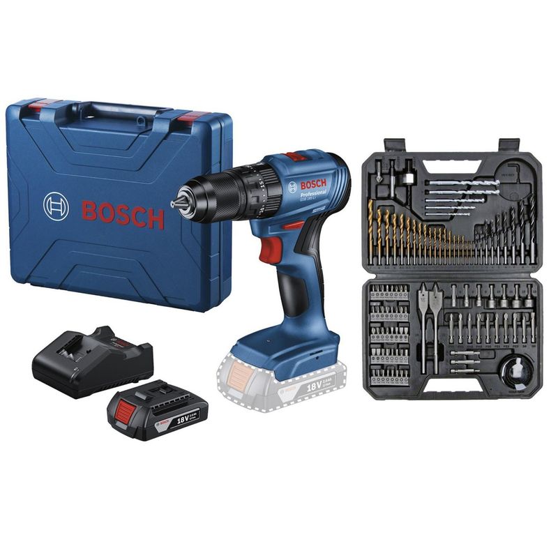 BOSCH - Taladro percutor 1/2" 18 V Bosch GSB 185-LI + Kit de Puntas y Brocas en Titanio Bosch 103 unidades + 1 batería + maletín de plástico