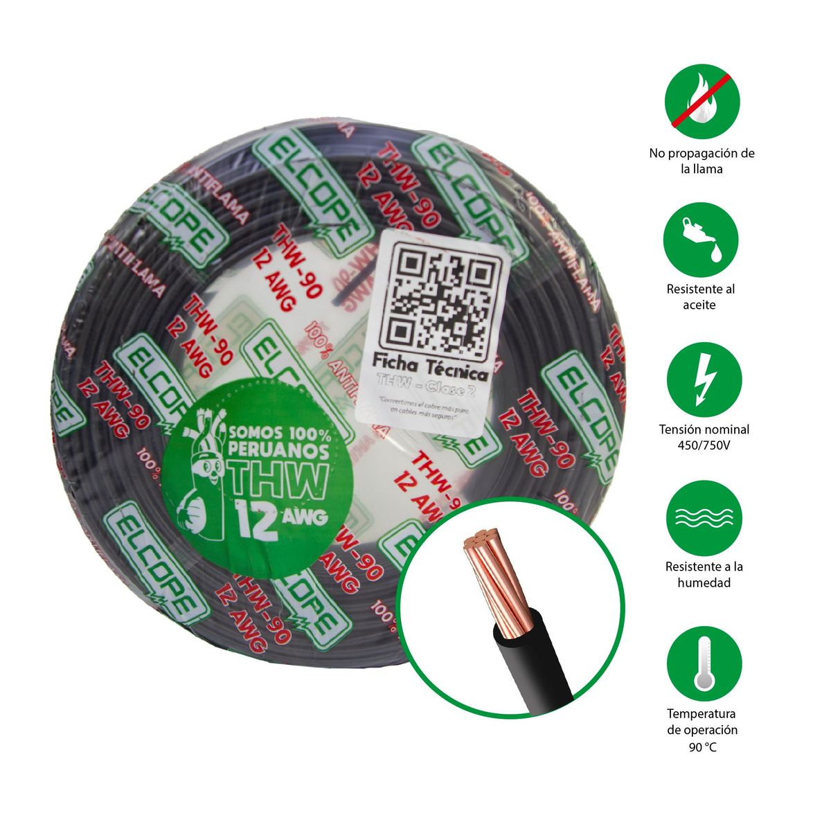 ELCOPE - Cable THW 12 AWG Elcope 450/750V Negro 25 Metros