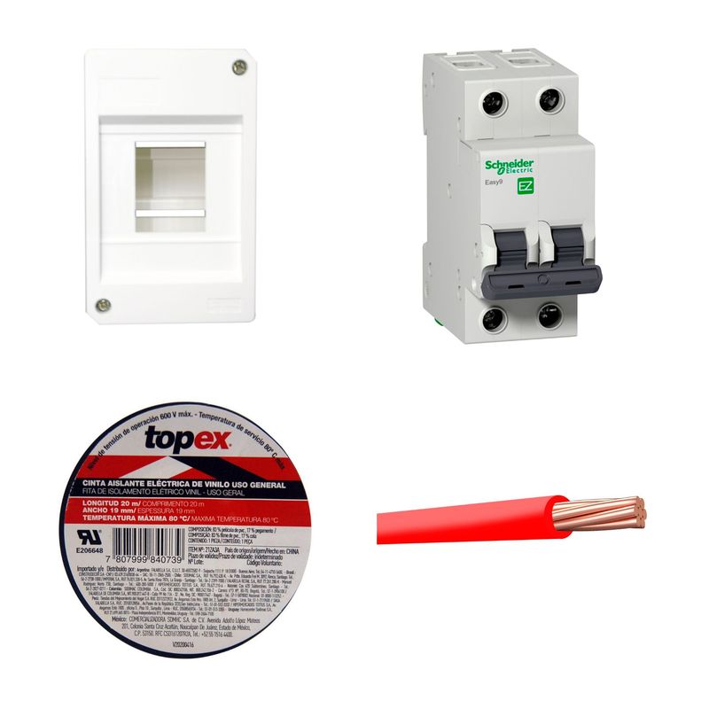  - Cable THW 12 AWG Elcope 450/750V Rojo 25 Metros + Cinta Aislante 19mm 20 Metros Negro + Interruptor Termomagnético 2P 32A - Riel Din + Tableros PVC 2 Polos Bticino