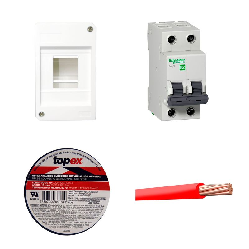  - Cable THW 12 AWG Elcope 450/750V Rojo 25 Metros + Cinta Aislante 19mm 20 Metros Negro + Interruptor Termomagnético 2P 25A - Riel Din + Tableros PVC 2 Polos Bticino