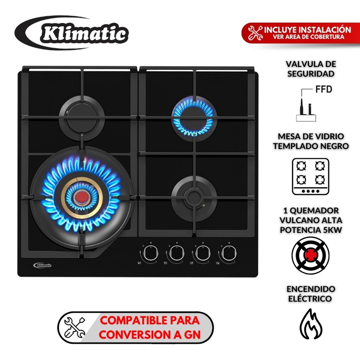 KLIMATIC - Cocina empotrable Gas Klimatic Vulcano 4 X4 Quemadores
