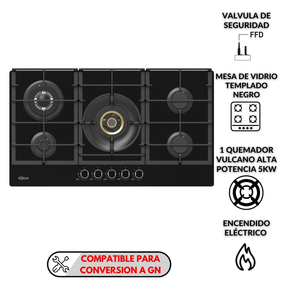 KLIMATIC - Cocina Empotrable a Gas 5 Hornillas Klimatic VULCANO