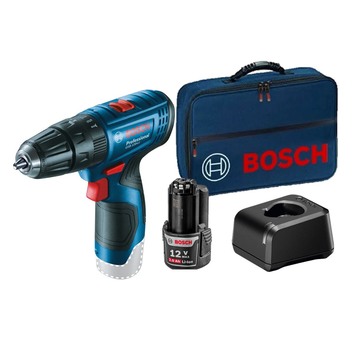 BOSCH - Taladro atornillador percutor inalámbrico 12V Bosch GSB 120-LI + Batería Bosch 12V GBA 12V 2,0 Ah + Cargador de baterías 12V Bosch GAL 12V-20, Bivolt