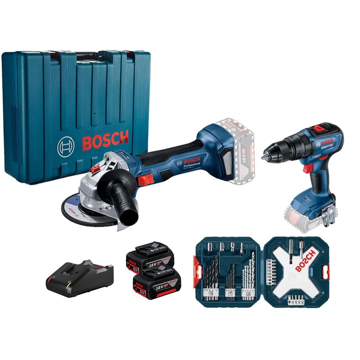 BOSCH - Taladro Atornillador Percutor Inalámbrico Bosch 18V GSB 18V-50 + Amoladora Inalámbrica Bosch 18V GWS 180-LI + 2 Baterías 4.0Ah + Cargador + Set de Accesorios 34 Piezas + Maletín Bosch