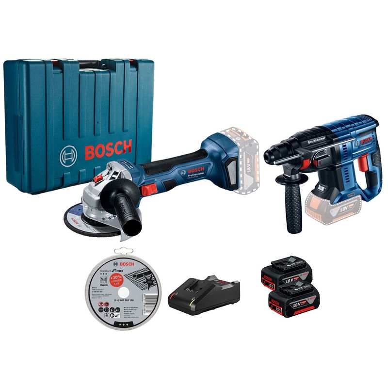 BOSCH - Amoladora Inalámbrica Bosch 18V GWS 180-LI + Rotomartillo Inalámbrico Bosch 18V GBH 180-LI + 2 Baterías 4.0 Ah + Cargador + 10 Discos de Corte Standard Bosch